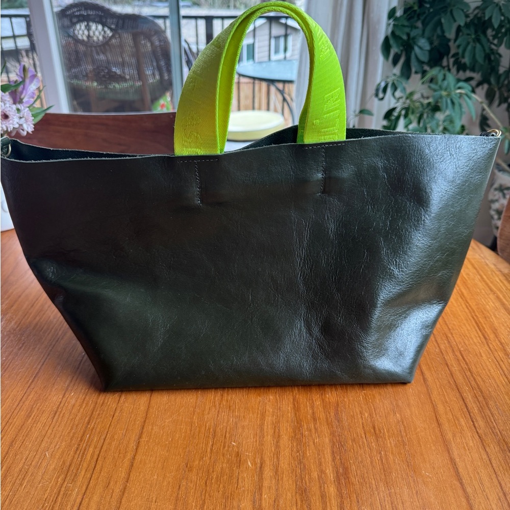 Clare V. Leather Tote Bag with Lime Green Handles